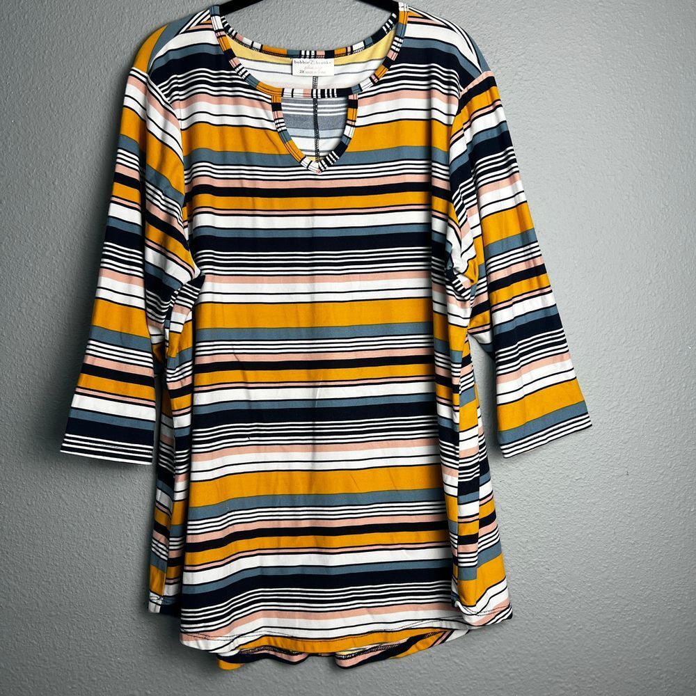 Bobbie Brooks Striped V-Neck Tunic Top Multi Color Casual Long SL Plus Size 2X